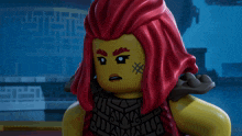 a close up of a lego figure with red hair and a tattoo on her face