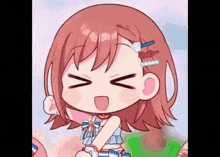 a cartoon girl with pink hair is making a funny face .
