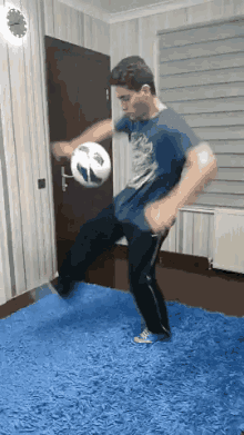 a man in a blue shirt kicking a soccer ball