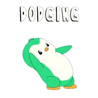 a green and white penguin is dodging bullets with the word dodging above it