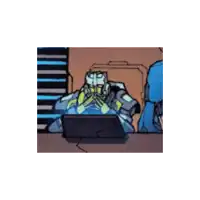 a cartoon of a robot sitting at a desk with a laptop .