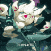 a cartoon character with white hair and red eyes says hi meariii .