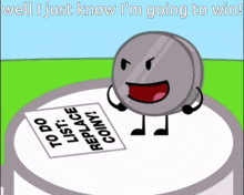 a cartoon coin is holding a paper that says " replace coin "