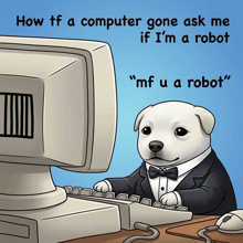 a dog in a tuxedo is typing on a keyboard