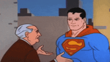 a cartoon of superman shaking hands with a man