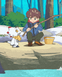 a cartoon of a boy fishing with a small white monster