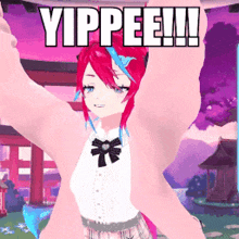 a girl with red hair and blue eyes is holding up her arms and says yippee !!!