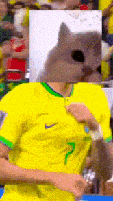 a person wearing a yellow shirt with a number 7 on it
