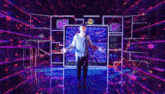 a man is standing in a futuristic room with his arms outstretched in front of a screen .
