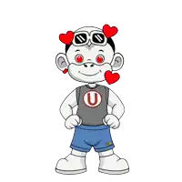 a cartoon character wearing sunglasses and a shirt with the letter u on it