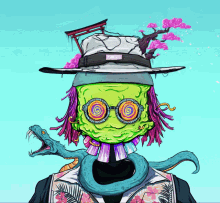 a drawing of a person with a snake and a hat