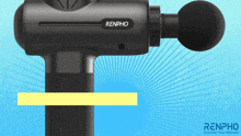 a renpho massage gun on a blue background with a yellow stripe