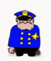 a cartoon of a police officer in a blue uniform is dancing with his fist in the air .
