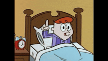 a cartoon character is laying in a bed with a red alarm clock next to him .