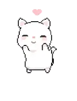 a pixel art drawing of a white cat with a pink heart above its head .