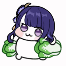 a cartoon of a girl with purple hair and a bunch of cabbage on her arms .