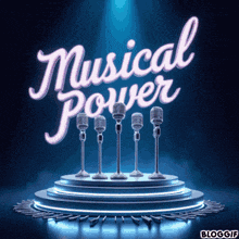 five microphones are on a stage with the words musical power behind them