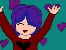 a drawing of a girl with purple hair holding a heart in her hand