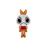 a cartoon character with a sad face is wearing a red dress and gloves .