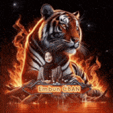 a woman in a hijab stands in front of a tiger with the name embun cban written below it