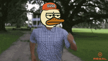 a man is running with a cartoon duck on his head that says ' gugo ' on it