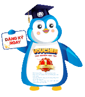 a penguin holding a voucher that says voucher on it