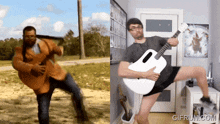 a man playing a guitar next to another man playing a guitar with gifrun.com written on the bottom
