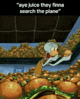 a cartoon of squidward eating a hamburger with the words " aye juice they finna search the plane " below him