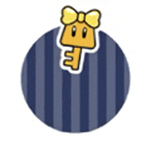 a cartoon key with a bow on it is in a circle on a blue striped background .