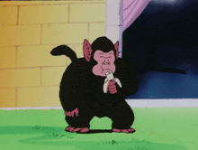 a cartoon monkey is eating a banana while standing in the grass