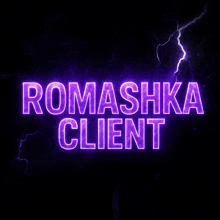 a purple lightning bolt is behind the words romasha client
