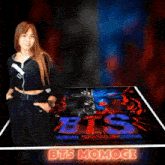 a woman stands in front of a painting that says bts m
