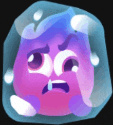 a purple and blue cartoon character with a sad face in a blue bubble .