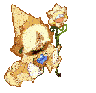 a cookie from a video game is holding a flower and a sheep .