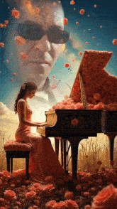 a woman in a red dress is playing a piano