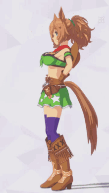 a girl with a ponytail is wearing a green top and cowboy boots