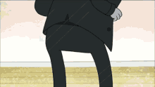 a cartoon of a man in a black suit with a white paw