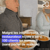 a man in a suit is holding two bowls of food in front of a sign that says 20