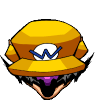 a cartoon drawing of wario wearing a yellow hat with a white w on it