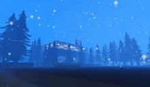 a computer generated image of a snowy forest with a castle in the background