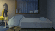 a cartoon of a girl standing next to a bed in a room