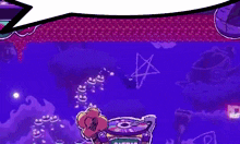 a purple background with a speech bubble and a cartoon character