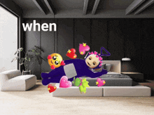 a bedroom with a purple teletubbies laying on a bed with hearts around him