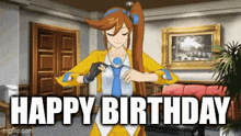 a cartoon character is standing in a living room and says happy birthday .