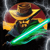 a man in a cowboy hat holds a green light saber