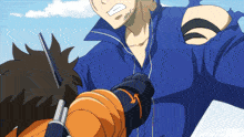 a man in a blue shirt is holding a knife