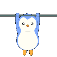 a blue and white penguin is hanging upside down on a bar