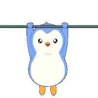 a blue and white penguin is hanging upside down on a bar