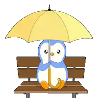 a penguin sits on a bench holding an umbrella