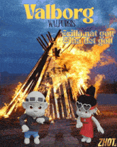 a picture of two dolls in front of a bonfire with the words valborg walpurgis